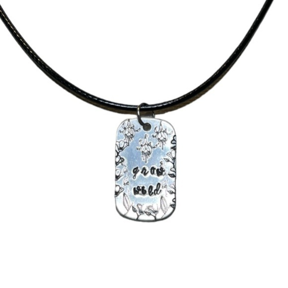 Handmade stamped grow wild silver‎ aluminum dog tag
Black leather cord necklace